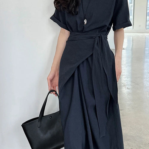 Load image into Gallery viewer, Women Navy Blue Cross Bandage Big Size Elegant Midi Dress New Round Neck Short Sleeve Fashion Spring Summer 2025 1DJ1359
