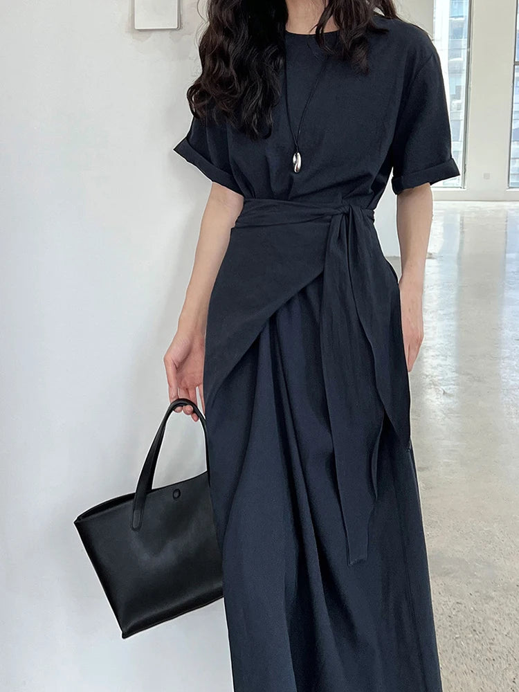 Women Navy Blue Cross Bandage Big Size Elegant Midi Dress New Round Neck Short Sleeve Fashion Spring Summer 2025 1DJ1359