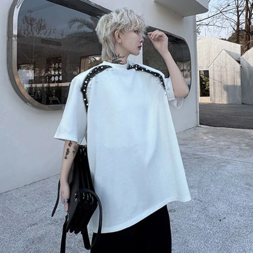 Load image into Gallery viewer, Summer New T-shirts Spray Painted Nail Bead Decoration Loose Round Neck Men&#39;s Short Sleeve T-shirt Patchwork Tees 9W1497
