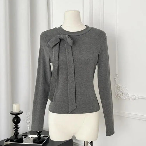 Load image into Gallery viewer, Autumn Women's Fashion 2024 French Two-piece Set Grey Bow Long Sleeves Tops + Square Neck High Waist Dot Wrap Hip Short Dresses
