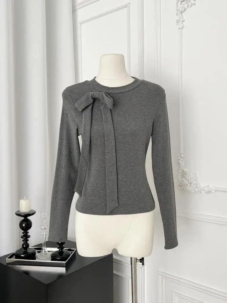 Autumn Women's Fashion 2024 French Two-piece Set Grey Bow Long Sleeves Tops + Square Neck High Waist Dot Wrap Hip Short Dresses