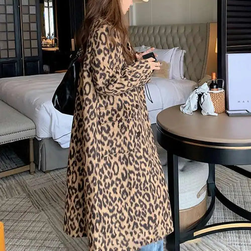 Load image into Gallery viewer, Leopard Print Thick Big Size Long Woolen Coat New Lapel Long Sleeve Women Jacket Fashion Tide Autumn Winter 2025 1DH8599
