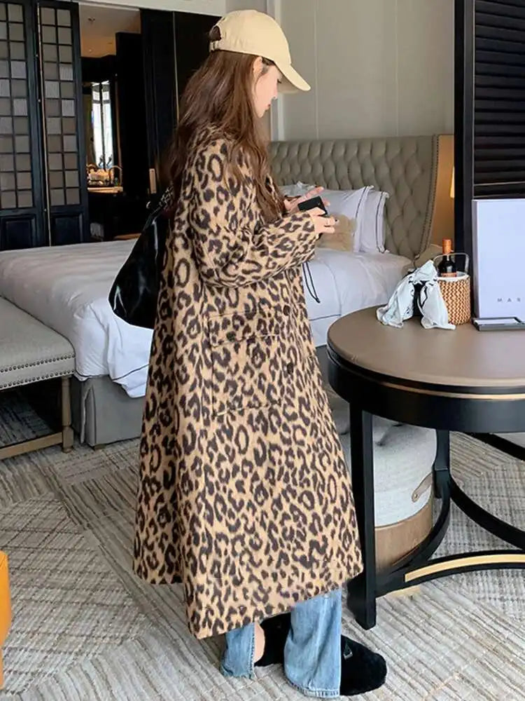 Leopard Print Thick Big Size Long Woolen Coat New Lapel Long Sleeve Women Jacket Fashion Tide Autumn Winter 2025 1DH8599