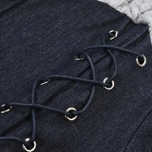 Load image into Gallery viewer, Women Blue Knitting Denim Bandage Elegant T-shirt New Round Neck Long Sleeve Fashion Tide Spring Autumn 2025 1LD0815
