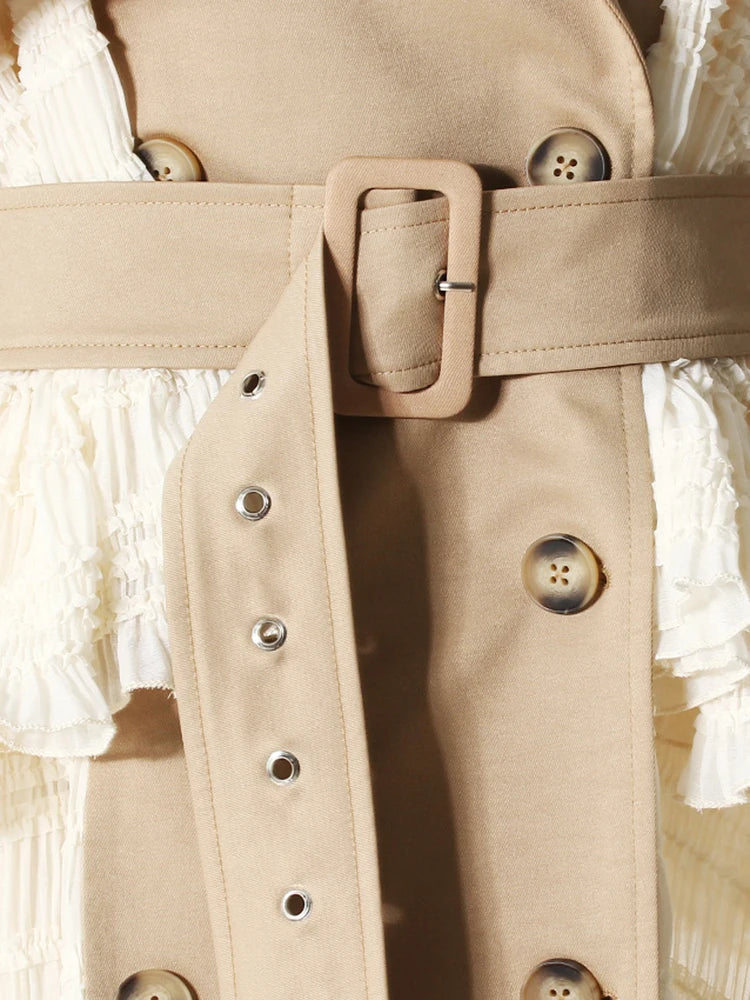 Women Khaki Lace Ruffles Big Size Long Trench New Lapel Long Sleeve Windbreaker Fashion Tide Spring Autumn 2025 7AB8040