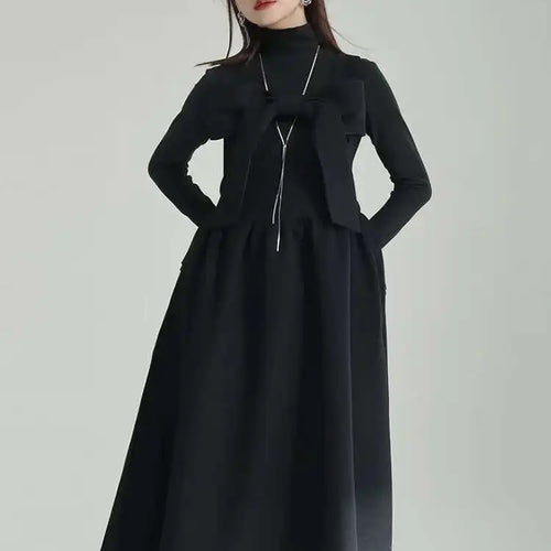 Load image into Gallery viewer, Women Gray Bow Bandage Spliced Long Elegant Woolen Dress New Sleeveless Loose Fit Fashion Tide Autumn Winter 2025 1DF3527
