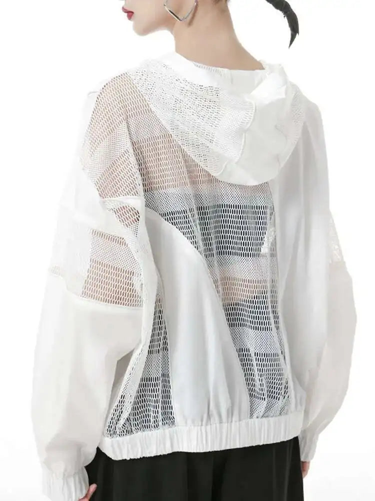White Mesh Perspective Big Size Thin Jacket New Hooded Long Sleeve Women Coat Fashion Tide Spring Autumn 2025 1DH6562