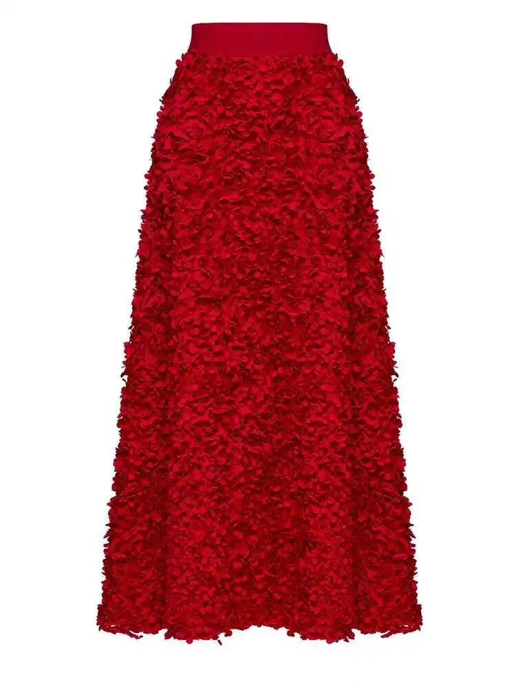 High Elastic Waist Red  Three-dimensional Flower A-line Half-body Skirt Women Fashion Tide New Spring Autumn 20251DH8549