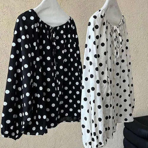 Load image into Gallery viewer, Women Black Dot Printed Big Size Elegant Blouse New Round Neck Long Sleeve Shirt Fashion Tide Spring Autumn 2025 1DH9976

