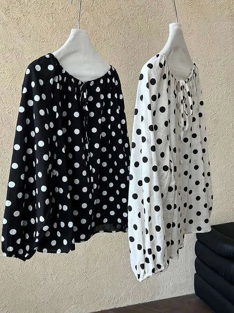 Women Black Dot Printed Big Size Elegant Blouse New Round Neck Long Sleeve Shirt Fashion Tide Spring Autumn 2025 1DH9976