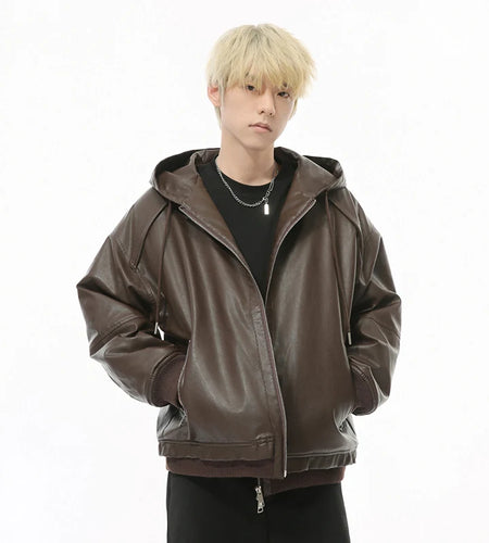 High Street Men's Padded Jackets Hooded Drawstring Solid Color PU Leather Zipper Patchwork Casual Male Cotton Coats 9C8976