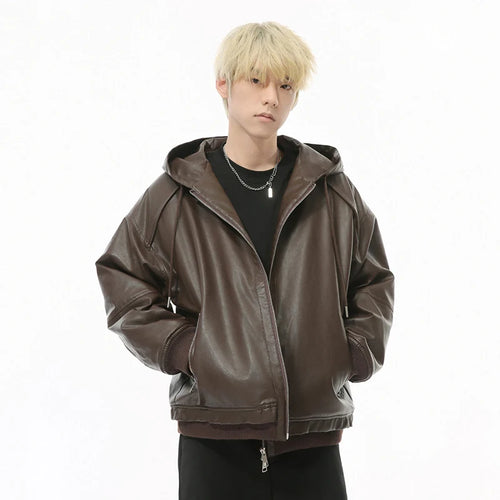 Load image into Gallery viewer, High Street Men&#39;s Padded Jackets Hooded Drawstring Solid Color PU Leather Zipper Patchwork Casual Male Cotton Coats 9C8976
