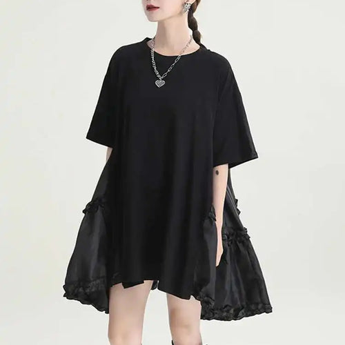 Load image into Gallery viewer, Women Black Ruffles Irregular Big Size Mini Dress New Round Neck Short Sleeve Fashion Tide Spring Summer 2025 1DH9574
