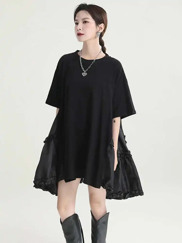 Women Black Ruffles Irregular Big Size Mini Dress New Round Neck Short Sleeve Fashion Tide Spring Summer 2025 1DH9574