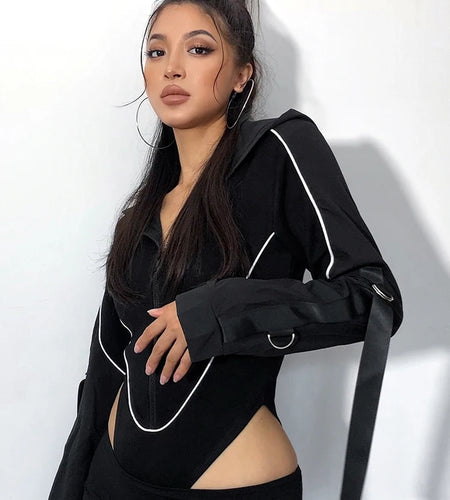 Streetwear Cargo Style Hooded Black Bodysuit Women Stripe Stitching Zipper Bodycon Body Fashion Moto Autumn Jumpsuit