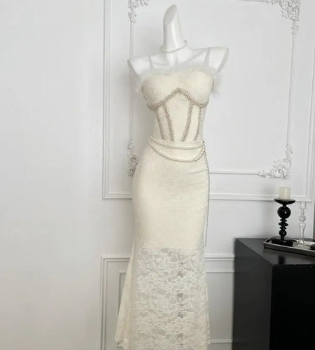 French Vintage Beige Lace Elegant Sexy Club Sleeveless Long Dresses Women Autumn Winter Off Shoulder Backless Velvet Slip Dress