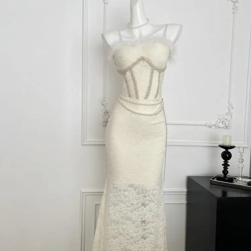 Load image into Gallery viewer, French Vintage Beige Lace Elegant Sexy Club Sleeveless Long Dresses Women Autumn Winter Off Shoulder Backless Velvet Slip Dress
