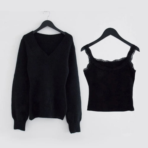 Load image into Gallery viewer, Y2k Aesthetic Two Pieces Set Women Harajuku Casual Loose Pullover Sweater + Fairy Lace Patchwork Vest Top Outfits 2025 Spring
