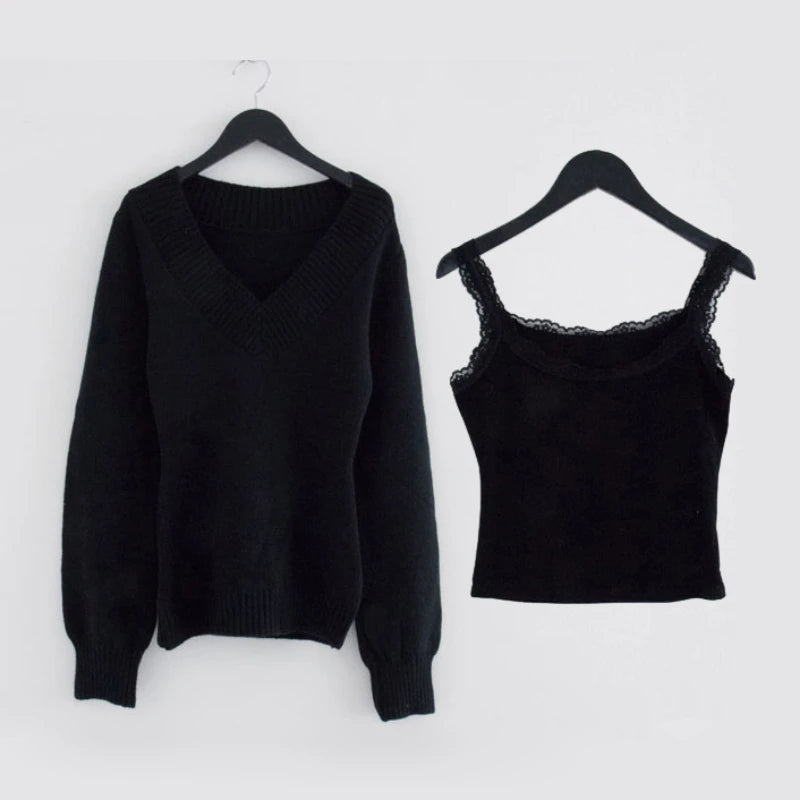 Y2k Aesthetic Two Pieces Set Women Harajuku Casual Loose Pullover Sweater + Fairy Lace Patchwork Vest Top Outfits 2025 Spring