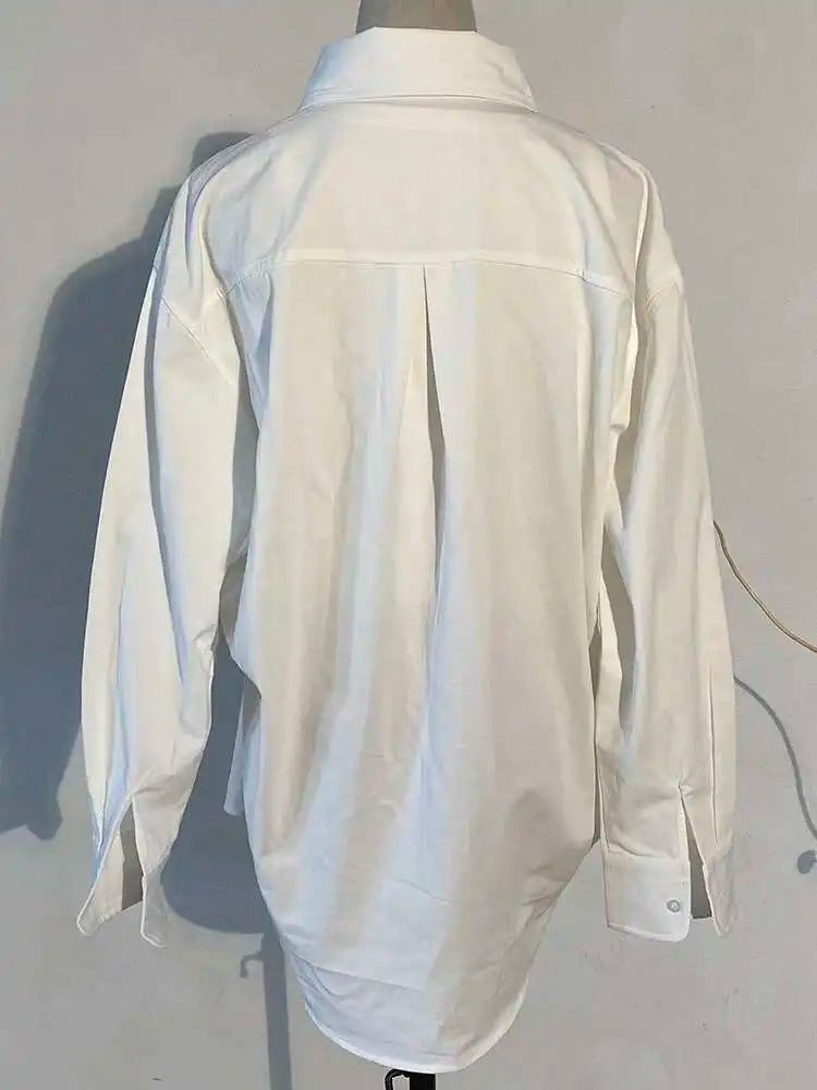 Women White Irregular Knot Split Big Size  Dress New Lapel Long Sleeve Loose Fit Fashion Spring Summer 2025 1X3420