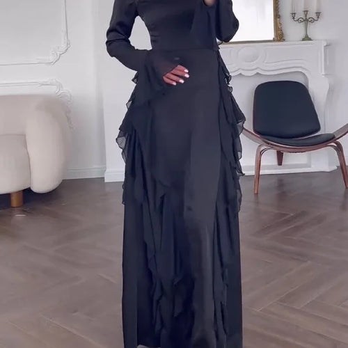 Load image into Gallery viewer, Elegant Long Sleeved Ruffled Round Neck Maxi Dress For Women's Spring New 2025 Party Club Evening Dress Slim Vestidos
