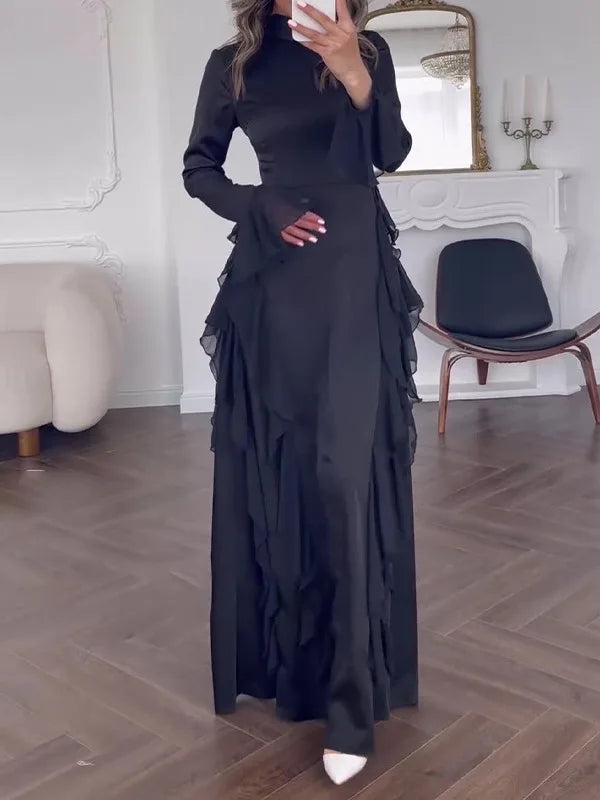 Elegant Long Sleeved Ruffled Round Neck Maxi Dress For Women's Spring New 2025 Party Club Evening Dress Slim Vestidos