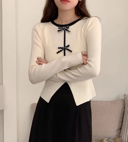 y2k Crop Top Women Fairycore Clothing Round Neck Long Sleeve T Shirt with Bow Decor 2000s Aesthetic Clothes Streetwear