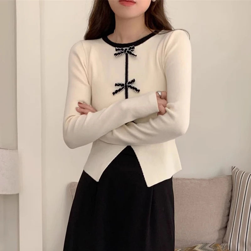 y2k Crop Top Women Fairycore Clothing Round Neck Long Sleeve T Shirt with Bow Decor 2000s Aesthetic Clothes Streetwear