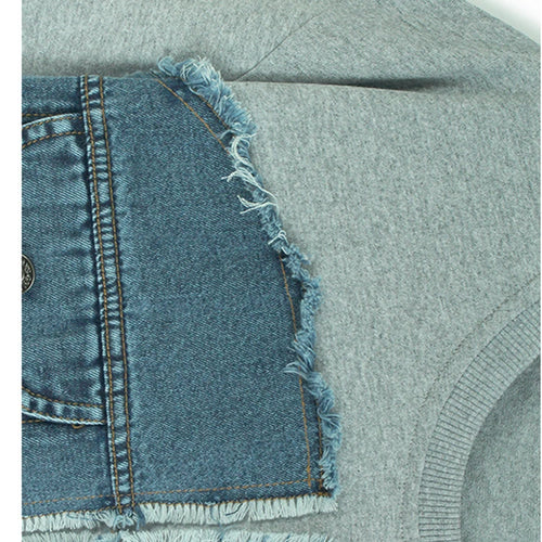 Load image into Gallery viewer, Women Gray Denim Burr Spliced Big Size Casual T-shirt New Round Neck Short Sleeve Fashion Tide Spring Summer 2025 1DJ1232
