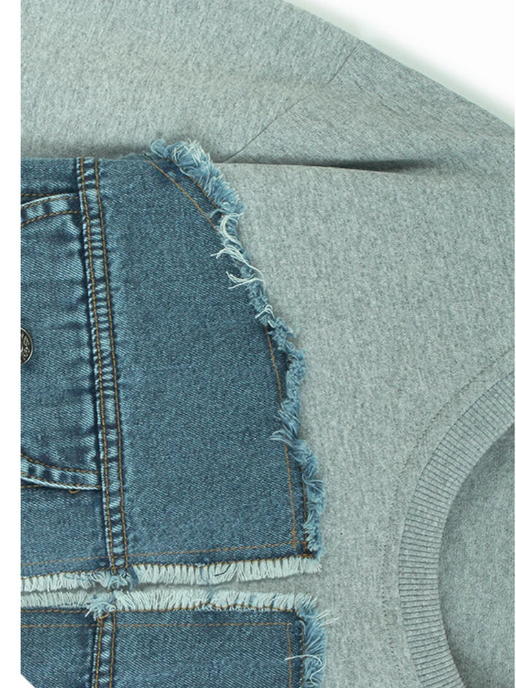 Women Gray Denim Burr Spliced Big Size Casual T-shirt New Round Neck Short Sleeve Fashion Tide Spring Summer 2025 1DJ1232