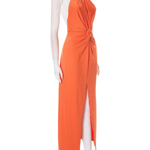 Load image into Gallery viewer, Metal Chain Halter Backless Sexy Maxi Dress Women Orange Off-shoulder Sleeveless Thigh High Split Club Long Dress
