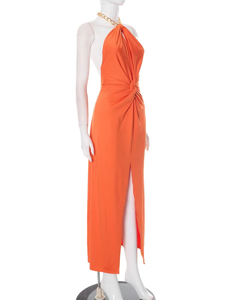 Metal Chain Halter Backless Sexy Maxi Dress Women Orange Off-shoulder Sleeveless Thigh High Split Club Long Dress