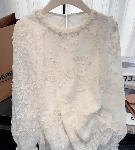French Vintage Women White Lace Elegant Hollow Out Long Sleeve Shirt 2024 New Autumn Winter Pearl Round Neck Holiday Blouse Tops