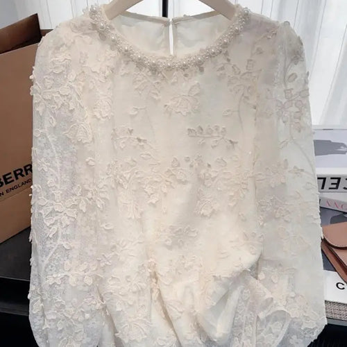 Load image into Gallery viewer, French Vintage Women White Lace Elegant Hollow Out Long Sleeve Shirt 2024 New Autumn Winter Pearl Round Neck Holiday Blouse Tops
