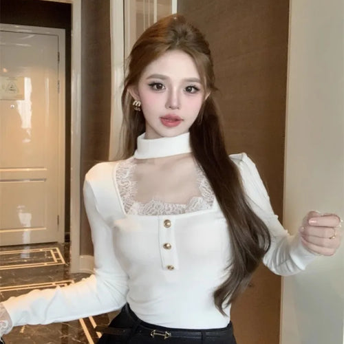 Load image into Gallery viewer, Patchwork Lace Elegant Sweet Tshirts Women Chic Sweet Y2k Slim Button Tees Square Collar Bottoming Vintage Long Sleeve Crop Top
