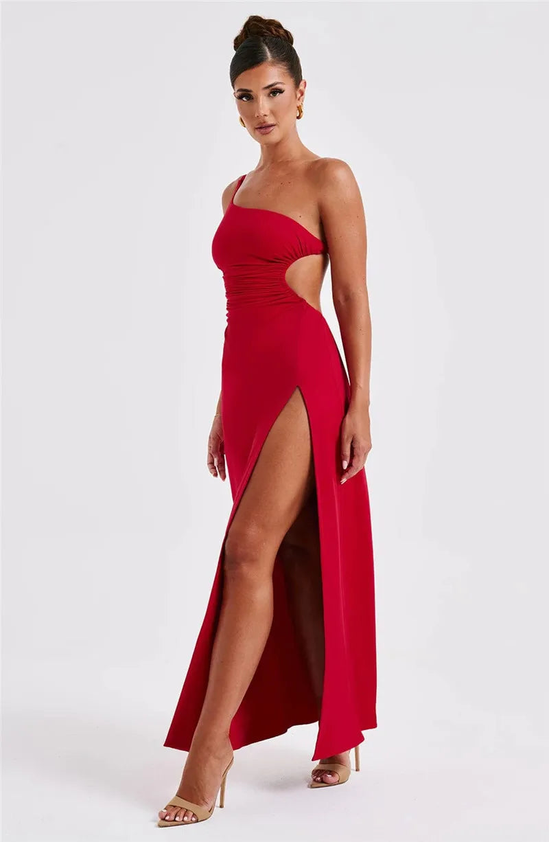 One Shoulder Diagonal Collar Backless Sexy Maxi Dress For Women Robe Fashion Off-shoulder Sleeveless High Split Dress