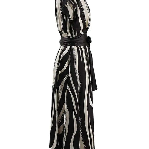 Load image into Gallery viewer, Women Beige Striped Printed Belted Elegant Midi Dress New V-Neck Sleeveless Fashion Tide Spring Summer 2025 CPG1504
