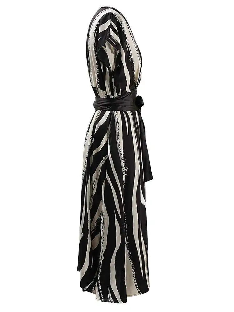 Women Beige Striped Printed Belted Elegant Midi Dress New V-Neck Sleeveless Fashion Tide Spring Summer 2025 CPG1504