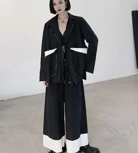 Women Black Color-block Burr Big Size Blazer New Lapel Long Sleeve Loose Fit Jacket Fashion Spring Autumn 2025 1DF1116