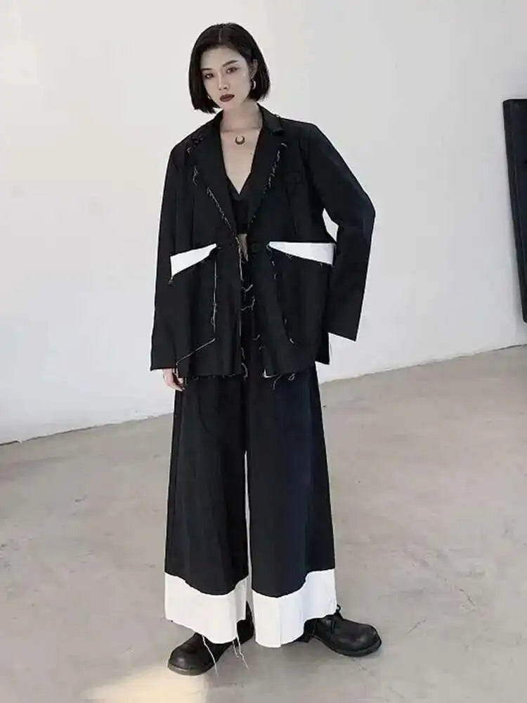 Women Black Color-block Burr Big Size Blazer New Lapel Long Sleeve Loose Fit Jacket Fashion Spring Autumn 2025 1DF1116