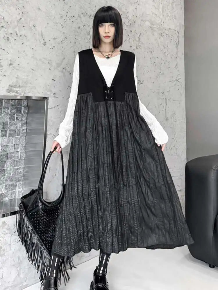 Women Black Bandage Pleated Spliced Big Size Midi Dress New V-Neck Sleeveless Fashion Tide Spring Autumn 2025 1DJ077701