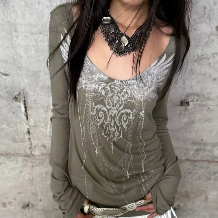 Y2k Aesthetic Sun Protection Women T-shirt Vintage Printing Streetwear Grunge Tshirts 2025 Harajuku Gothic Slim Fit Tees Femme