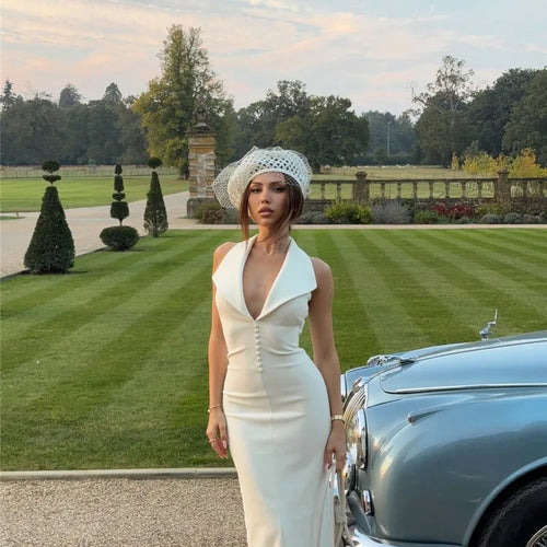 Load image into Gallery viewer, Halter Deep V Neck Sleeveless Sexy Maxi Dress For Women Elegant Backless Bodycon Tank Dress Femme Fashion Long Dress
