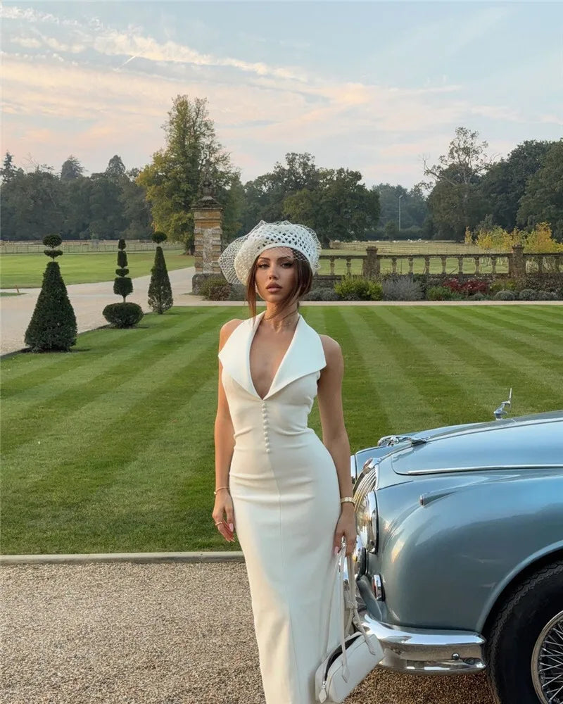 Halter Deep V Neck Sleeveless Sexy Maxi Dress For Women Elegant Backless Bodycon Tank Dress Femme Fashion Long Dress