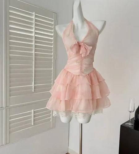 Summer French Pink Patchwork Lace Backless Halter Bandage Short Dres Women Vintage Elegant Sexy Club Sleeveless Party Cake Dress