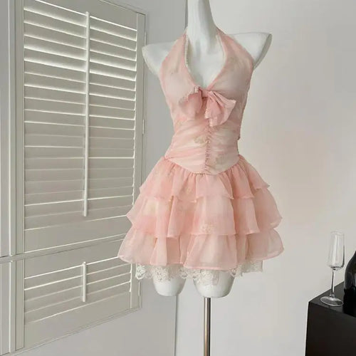 Load image into Gallery viewer, Summer French Pink Patchwork Lace Backless Halter Bandage Short Dres Women Vintage Elegant Sexy Club Sleeveless Party Cake Dress
