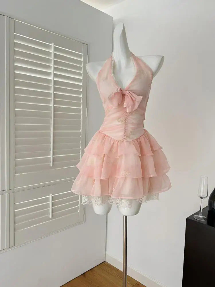 Summer French Pink Patchwork Lace Backless Halter Bandage Short Dres Women Vintage Elegant Sexy Club Sleeveless Party Cake Dress