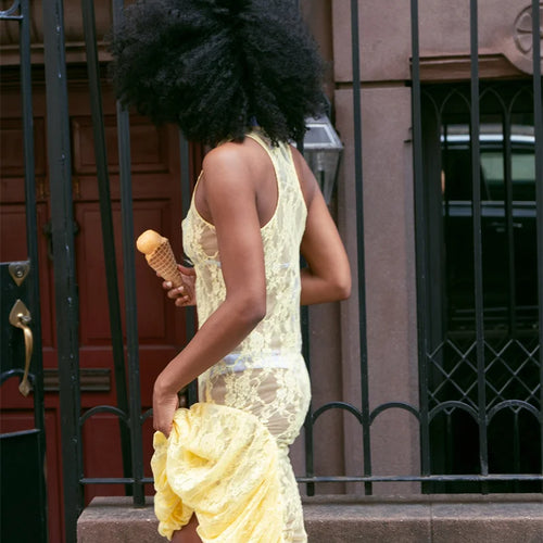 Load image into Gallery viewer, Lace See Through Ruffle Sexy Midi Dress Women Gown Summer Fashion High Waist Slim Thigh High Split Elegant Long Dress
