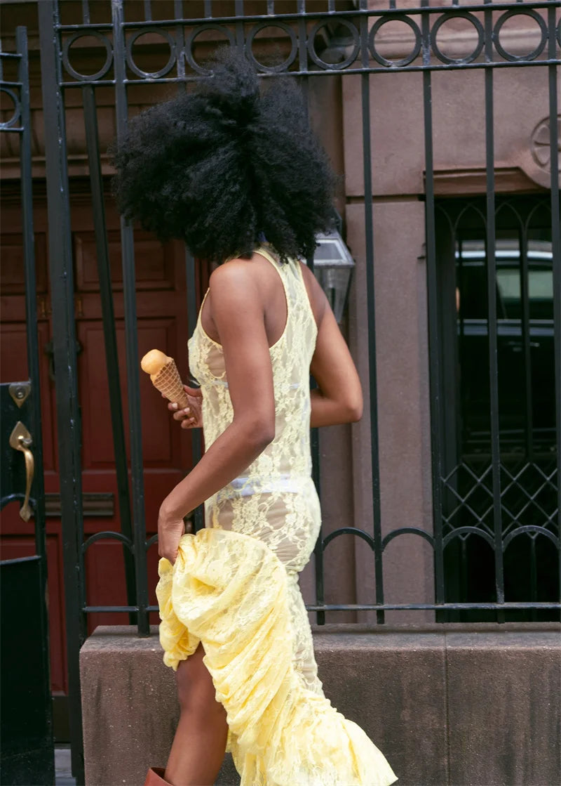 Lace See Through Ruffle Sexy Midi Dress Women Gown Summer Fashion High Waist Slim Thigh High Split Elegant Long Dress