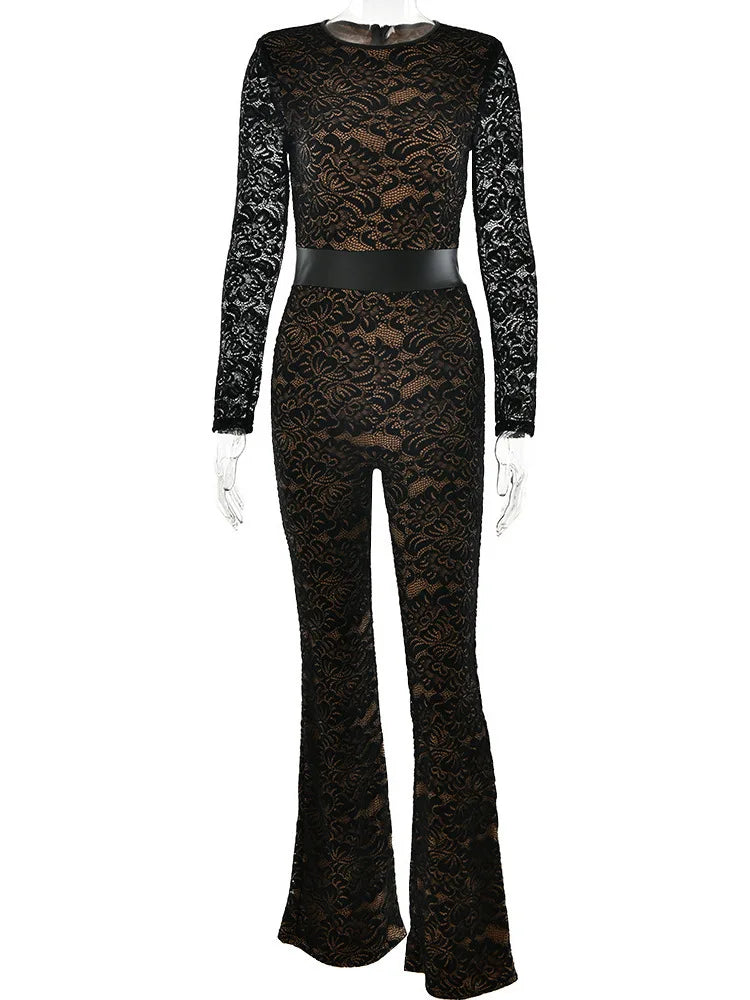 Fashion Lace Leather Patchwork Long Sleeved Jumpsuit Women's 2025 Autumn/Winter Sexy Patchwork New Elastic Tight Rompers